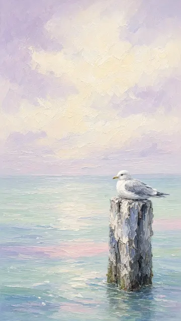 Vertical Seascape with Solitary Seagull on a Wooden Piling