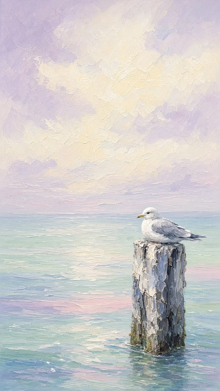 Vertical Seascape with Solitary Seagull on a Wooden Piling