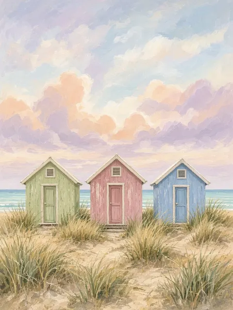 Pastel Beach Huts Under Soft Morning Clouds in Gouache