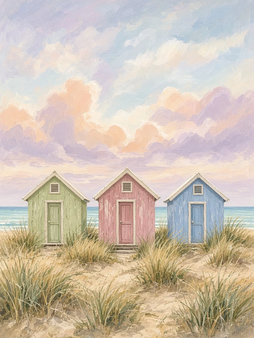 Pastel Beach Huts Under Soft Morning Clouds in Gouache