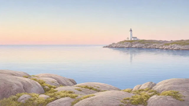 Distant Lighthouse Across a Calm Pastel Bay in Tempera