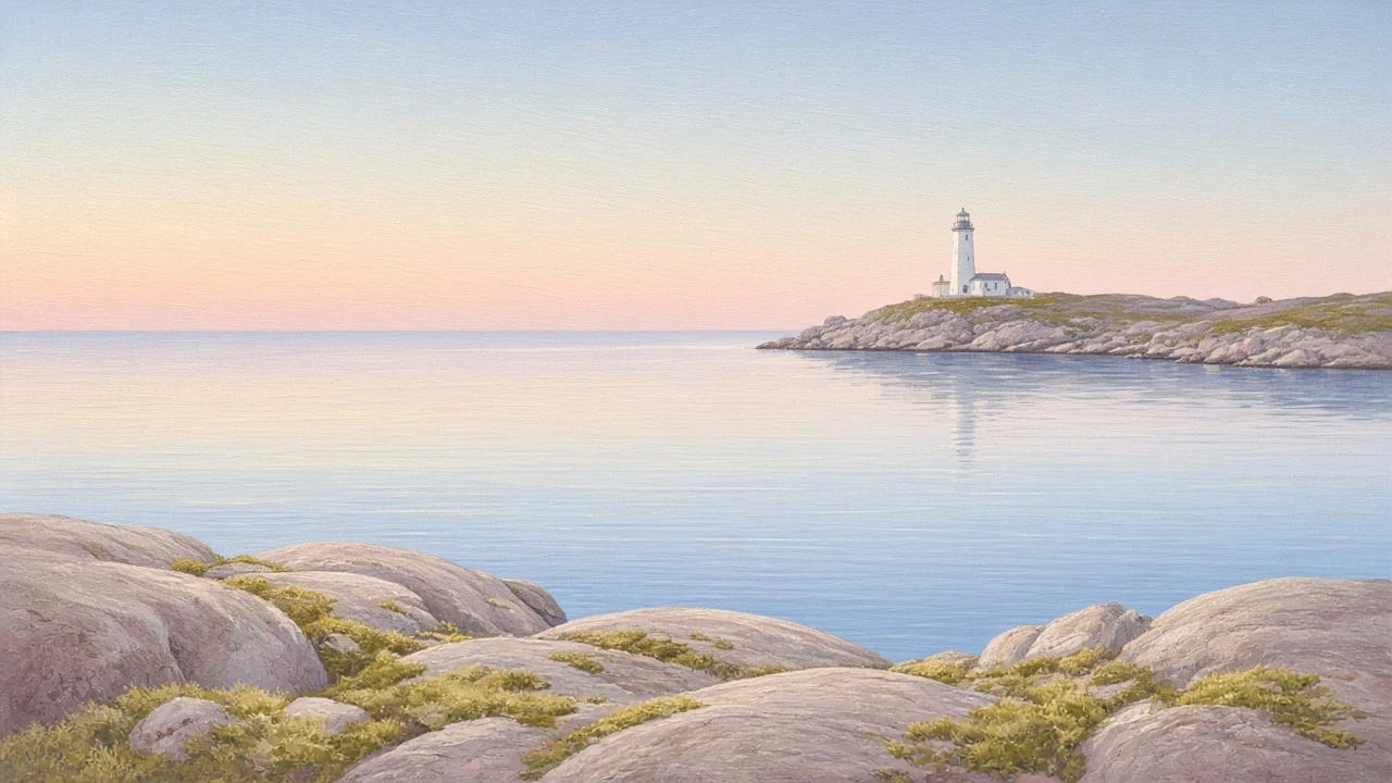 Distant Lighthouse Across a Calm Pastel Bay in Tempera