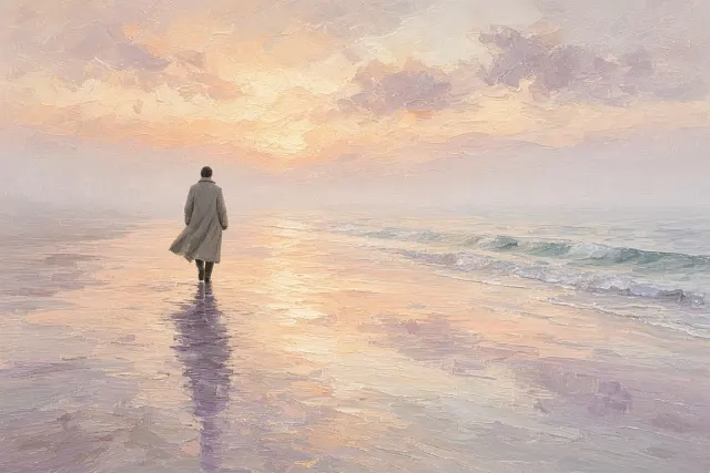 Solitary Figure Walking Along the Wet Strand in Impressionist Style