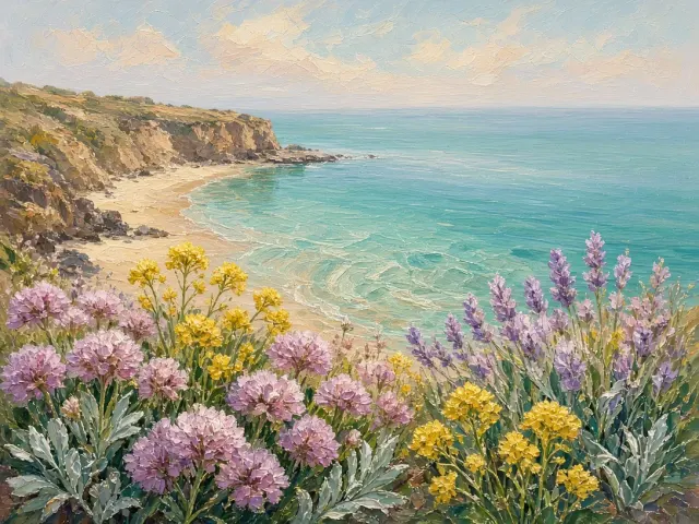 Coastal Wildflowers Overlooking Pastel Ocean Cove in Thick Oils