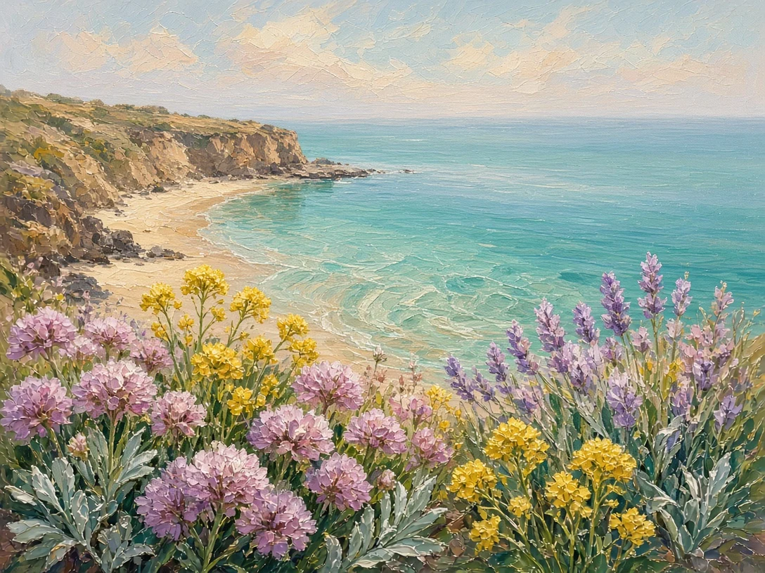 Coastal Wildflowers Overlooking Pastel Ocean Cove in Thick Oils