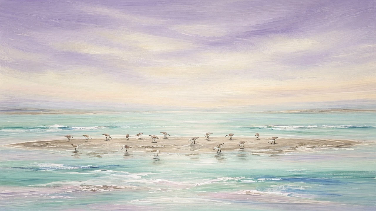 Pale Sandbar and Wading Shorebirds Under Expansive Lavender Sky