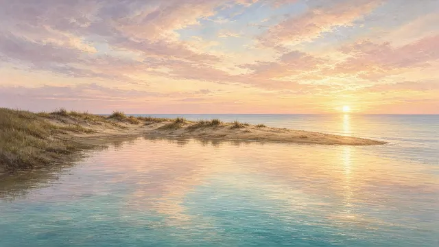 Panoramic Sunrise Over Sheltered Coastal Lagoon in Glazed Oils