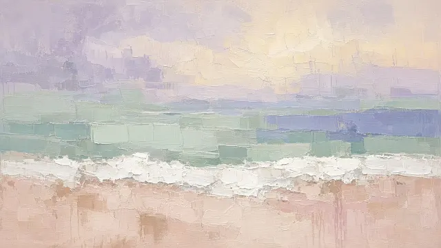 Abstracted Pastel Coastline with Color Blocked Geometric Brushwork
