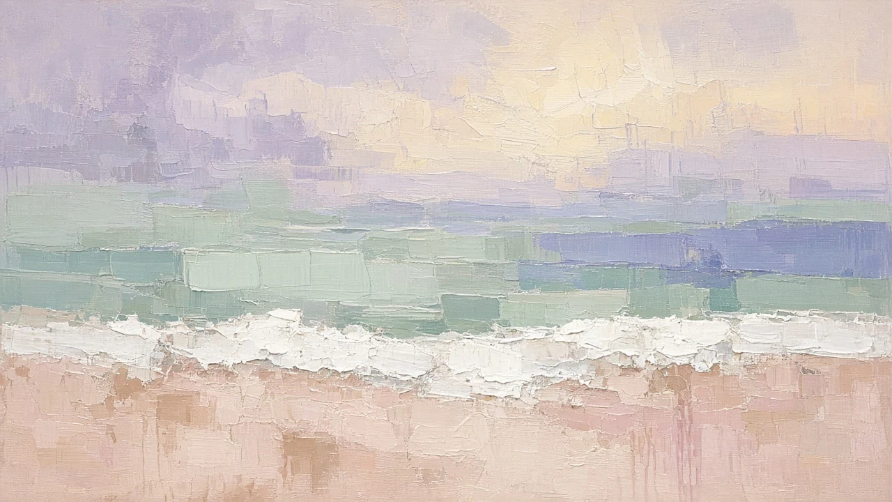 Abstracted Pastel Coastline with Color Blocked Geometric Brushwork