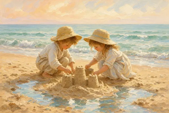 Impressionist Oil image example: Children Building a Sandcastle in Impressionist Coastal Sunlight