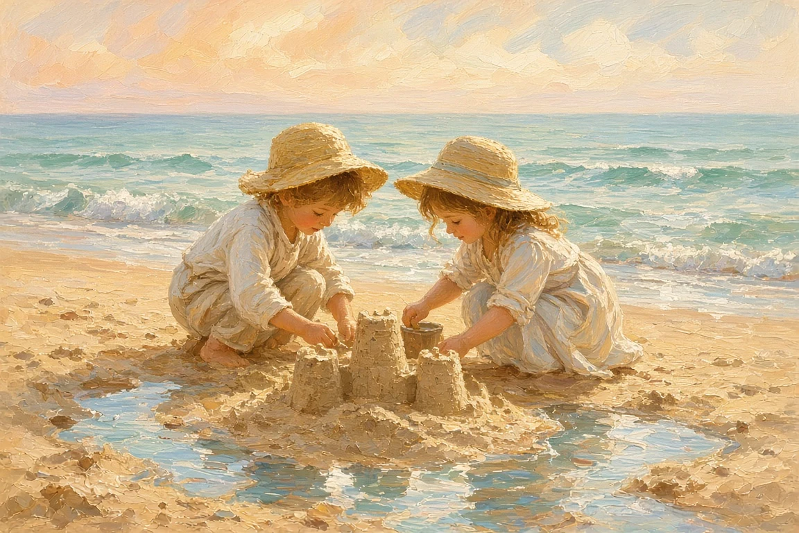 Children Building a Sandcastle in Impressionist Coastal Sunlight