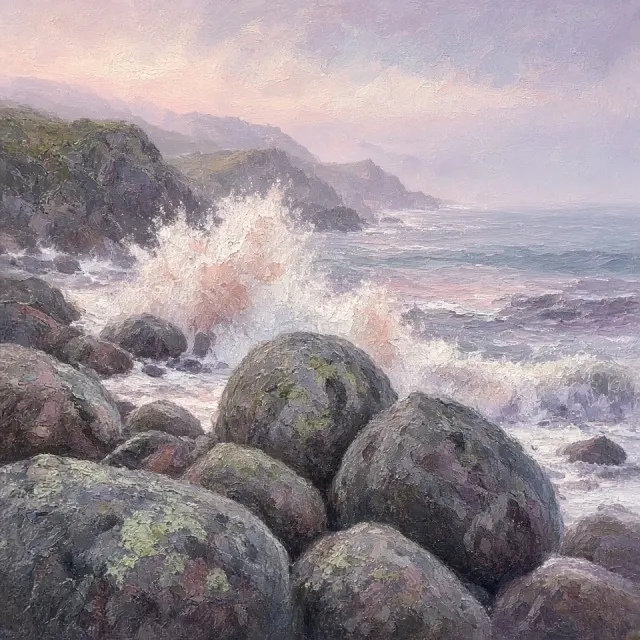 Rocky Beach Cove with Pale Sea Spray in Plein-Air Oils