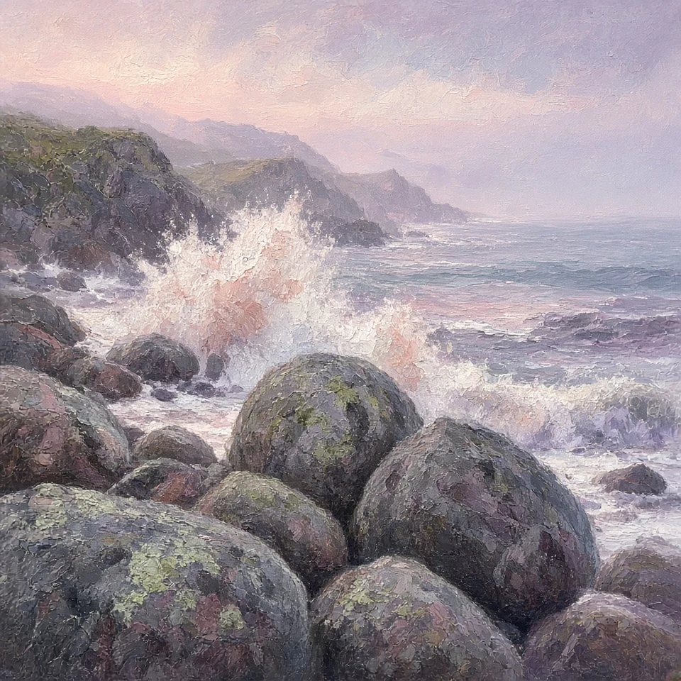 Rocky Beach Cove with Pale Sea Spray in Plein-Air Oils
