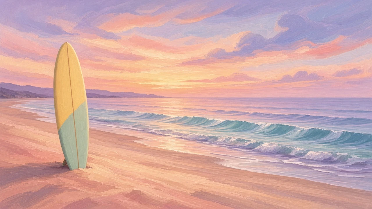 Sunset Shoreline with Pastel Surfboard Resting in the Sand