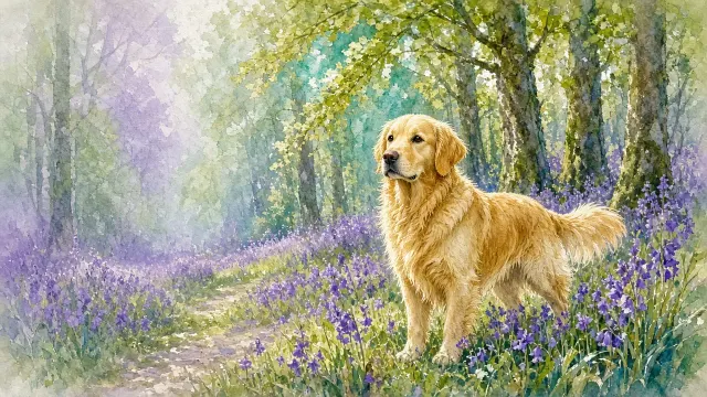 Watercolor and Gouache Study of a Golden Retriever in Bluebell Woods