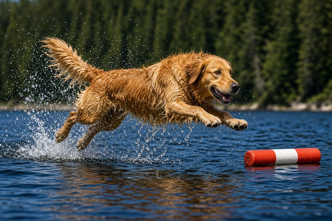 Explosive Dock Diving Action Freeze over Sparkling Blue Lake