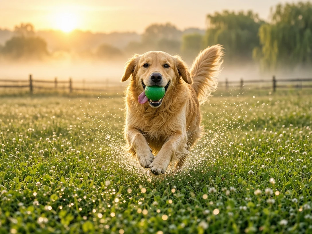 Golden Retriever Bounding Across Dew-Kissed Morning Pasture