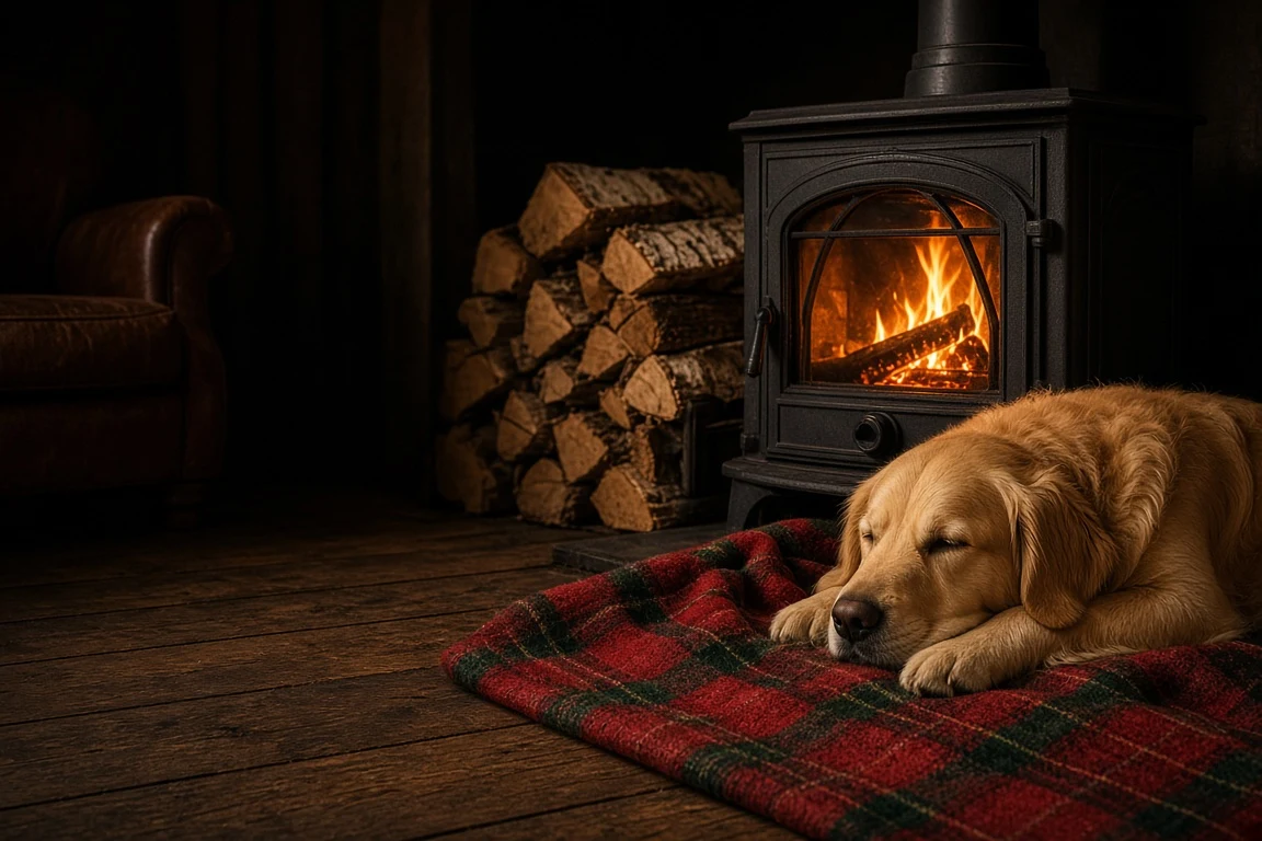 Hearthside Repose on Plaid Wool beside a Cast Iron Stove