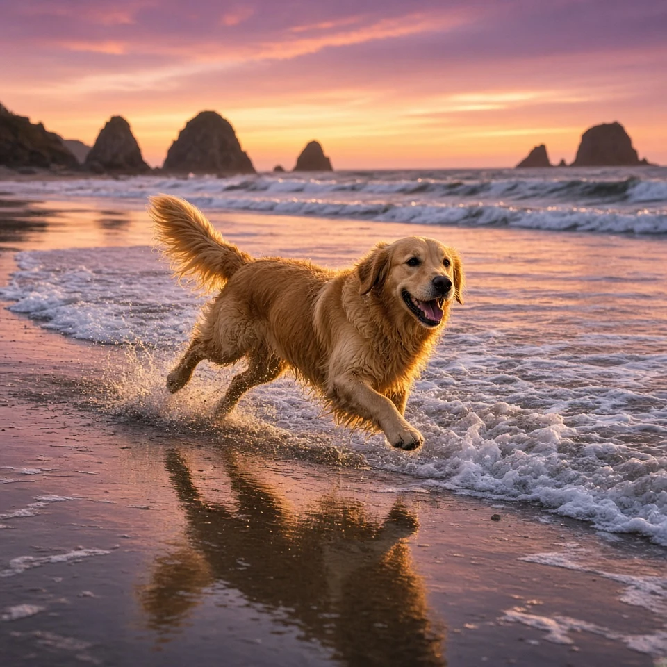 Pacific Coast Beach Gallop Through Sunset Surf and Froth
