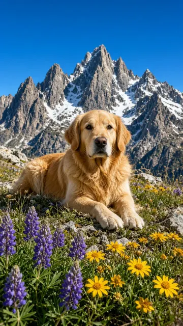 Alpine Peak Vista with Golden Retriever Resting in Wildflowers