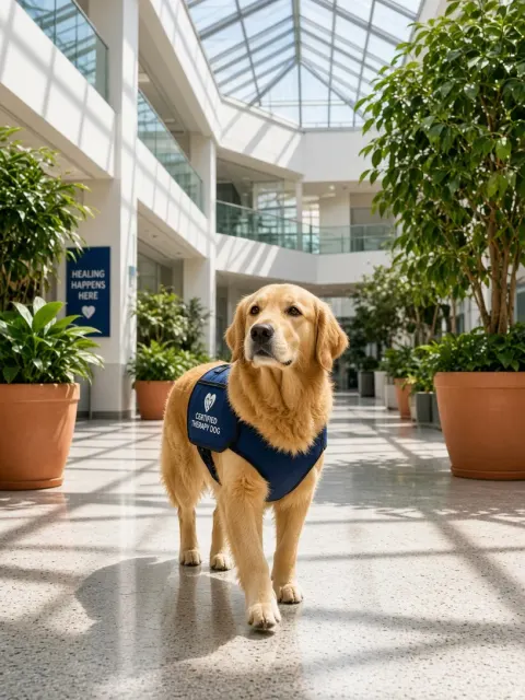 Therapy Dog Stroll Through Sunlit Botanical Atrium Corridor