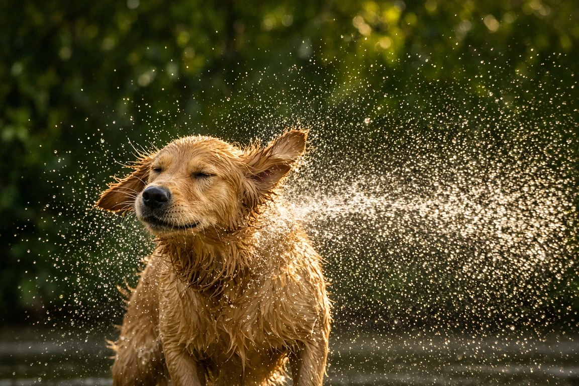 Spirited Mid-Shake Water Droplet Spiral in Golden Sunlight