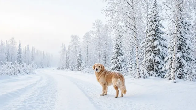 Snowy Taiga Trail Lookback under Frosty Pale Skies
