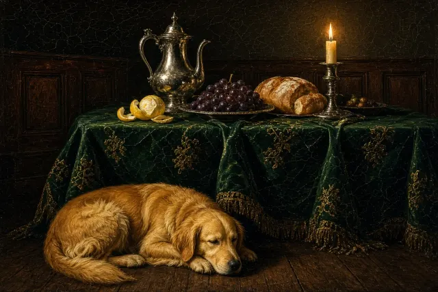 Baroque Dutch Golden Age Still Life with Sleeping Retriever