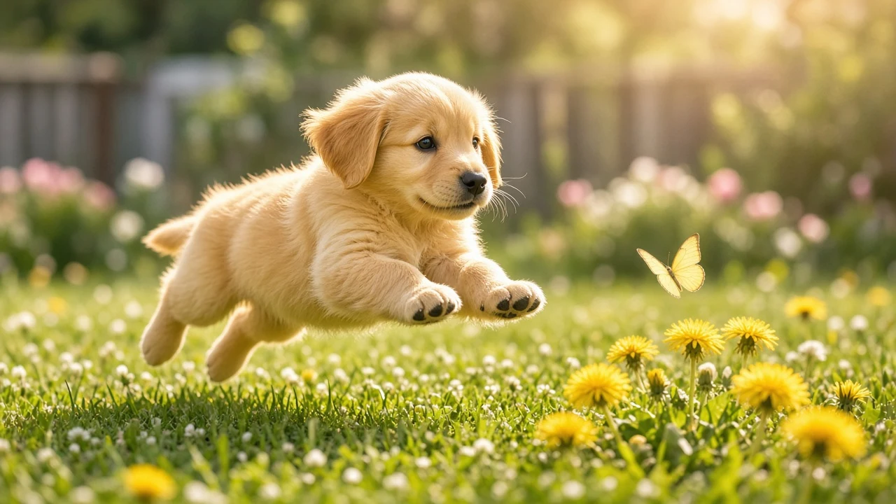 Golden Retriever Puppy Mid-Pounce in a Dandelion Lawn