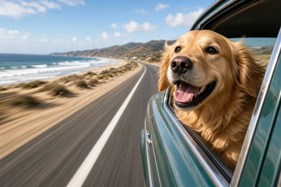 Coastal Highway Car Window Joy with Windblown Ears
