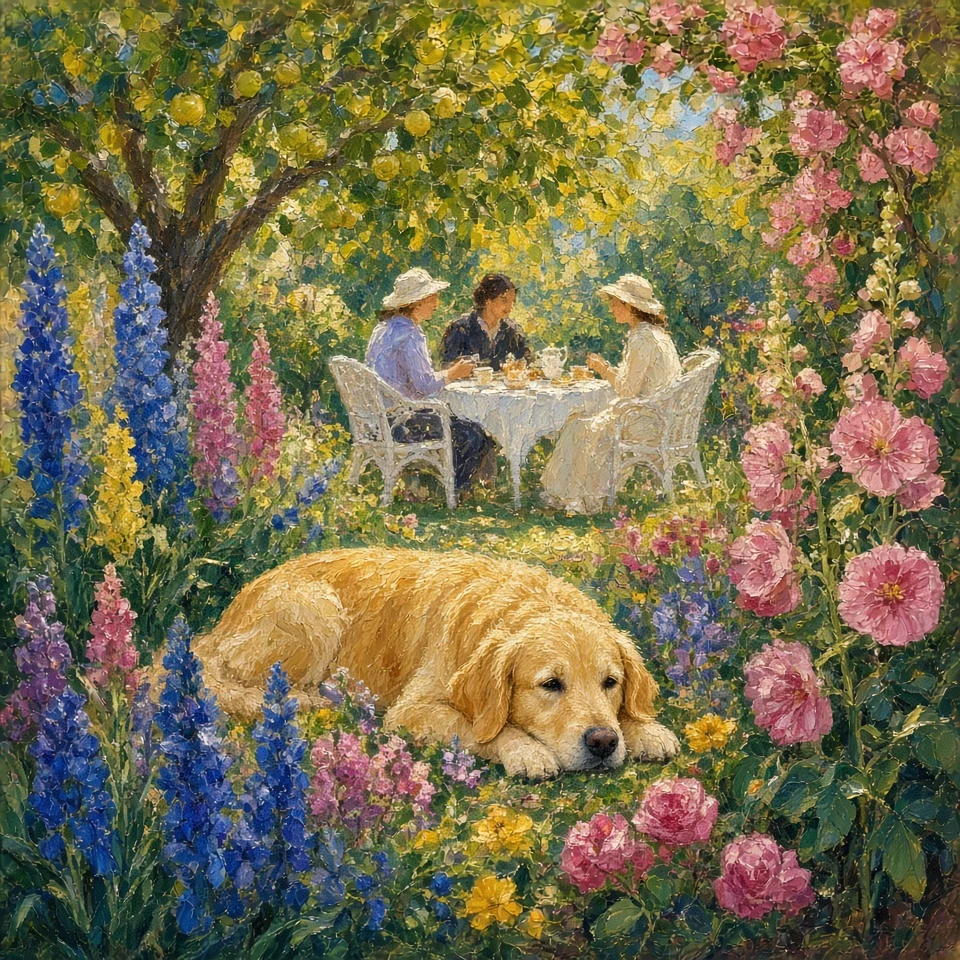 Impressionist Meadow Garden Party with Retriever and Family