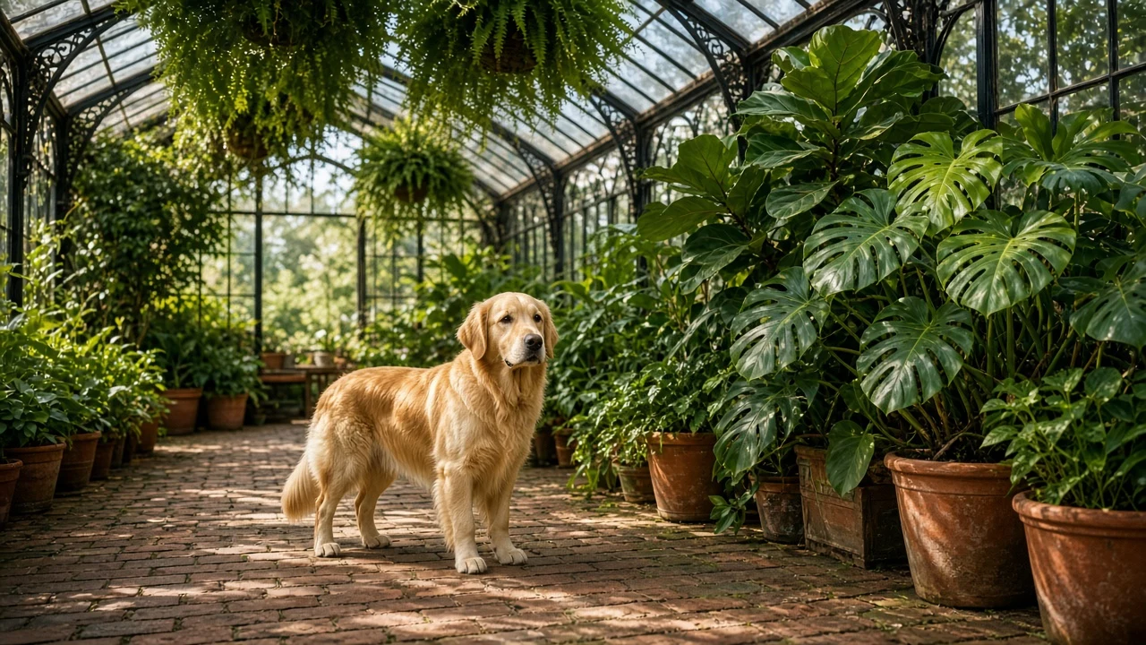 Greenhouse Botanical Sanctuary with Retriever Resting beside Monsteras