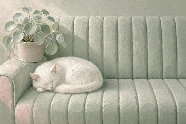 Minimalist Oil Study of Sleeping Cat on Pale Sage Channel Sofa