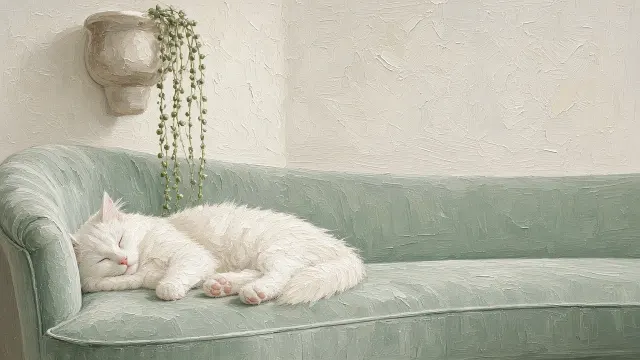Celadon Curved Settee with Cat and Cascading String of Pearls