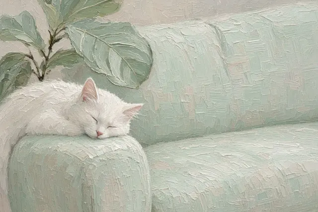 Mint Linen Armrest Rest with Sleeping Cat and Fiddle Leaf Fig