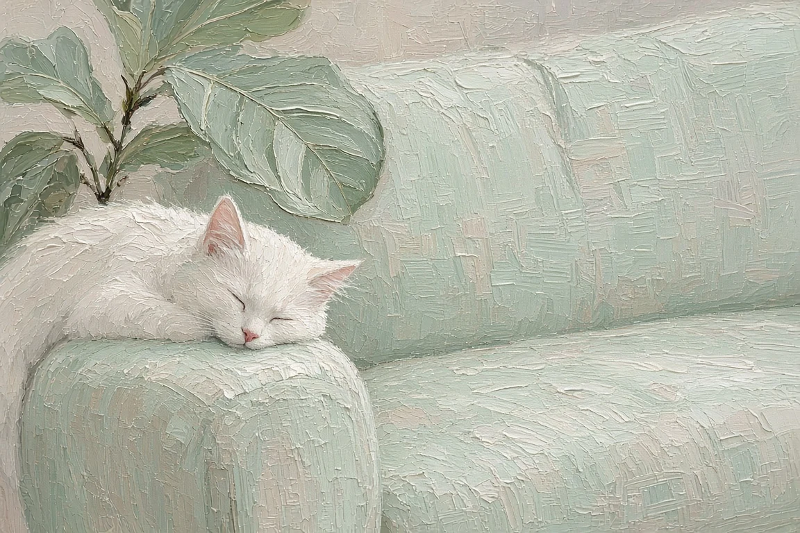 Mint Linen Armrest Rest with Sleeping Cat and Fiddle Leaf Fig