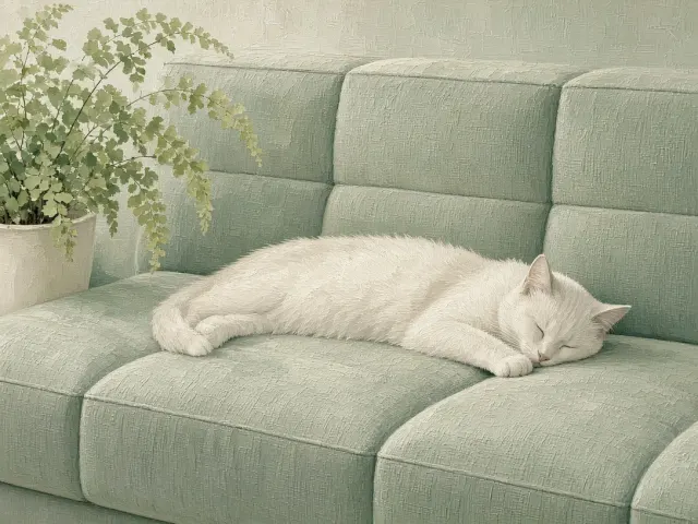 Eucalyptus Modular Sofa with Stretched Sleeping Cat and Maidenhair Fern