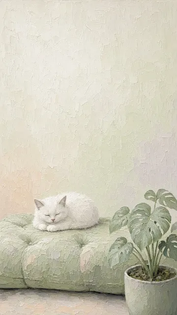 Pistachio Tufted Sofa with Loaf-Posed Cat and Potted Monstera