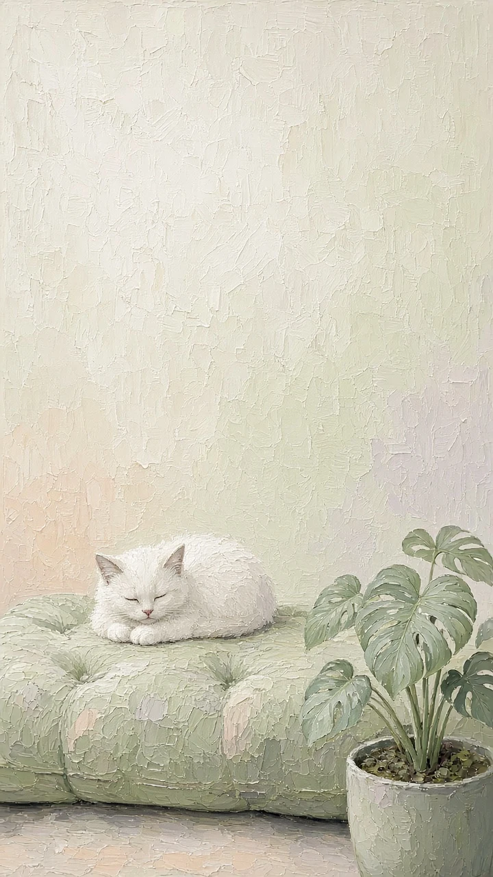Pistachio Tufted Sofa with Loaf-Posed Cat and Potted Monstera