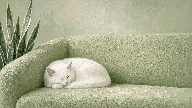 Moss Bouclé Sofa Corner with Tucked Cat and Tall Snake Plant