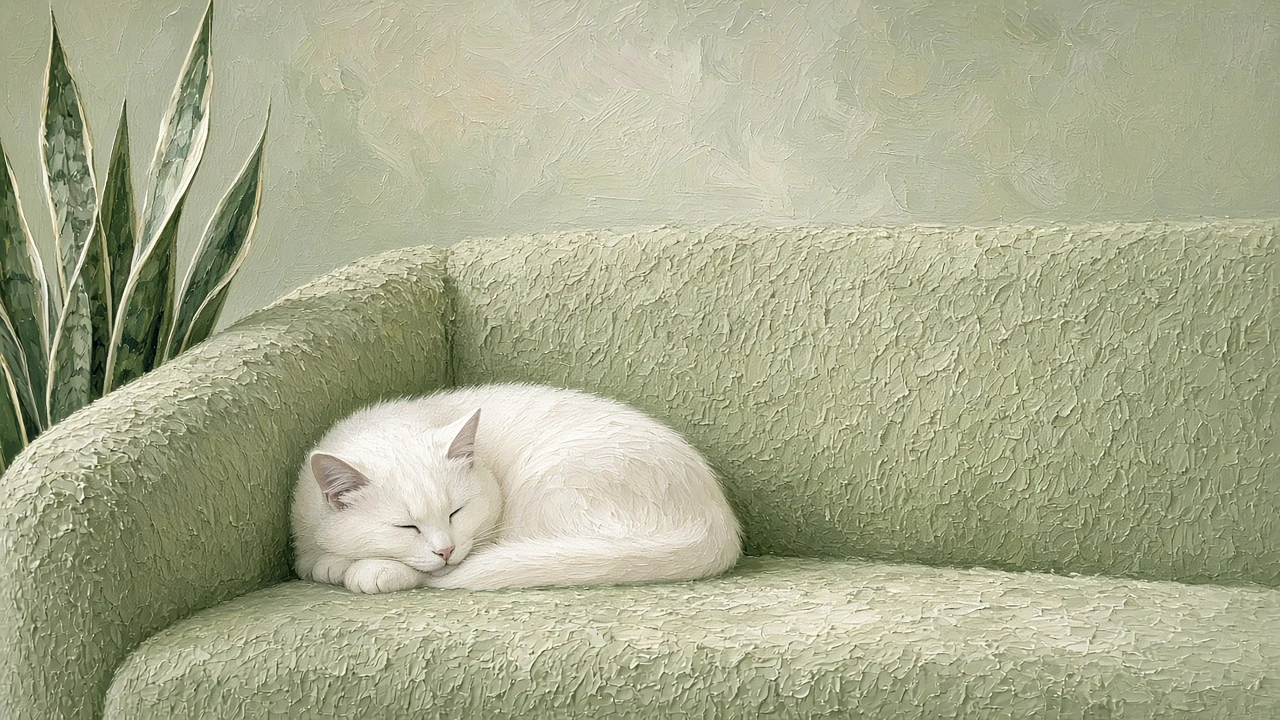 Moss Bouclé Sofa Corner with Tucked Cat and Tall Snake Plant