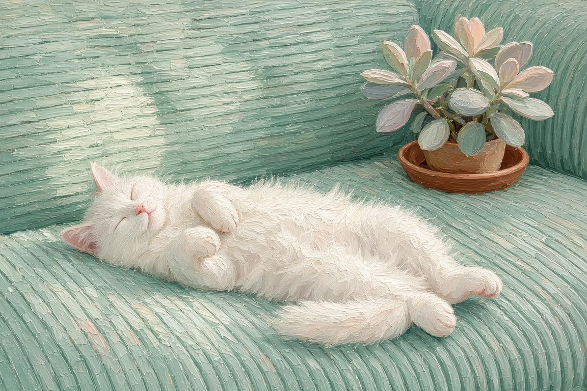 Seafoam Corduroy Couch with Belly-Up Cat and Jade Succulent