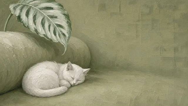 Muted Olive Flannel Settee with Cat and Calathea Leaf Arc