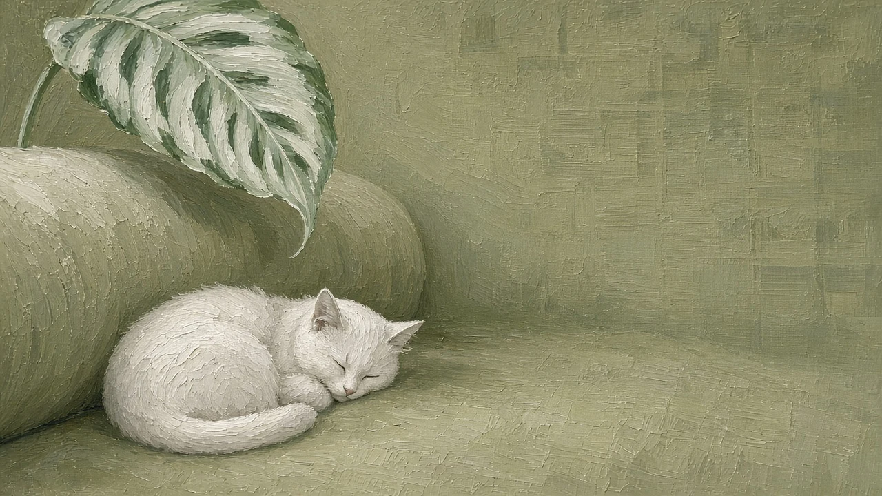 Muted Olive Flannel Settee with Cat and Calathea Leaf Arc