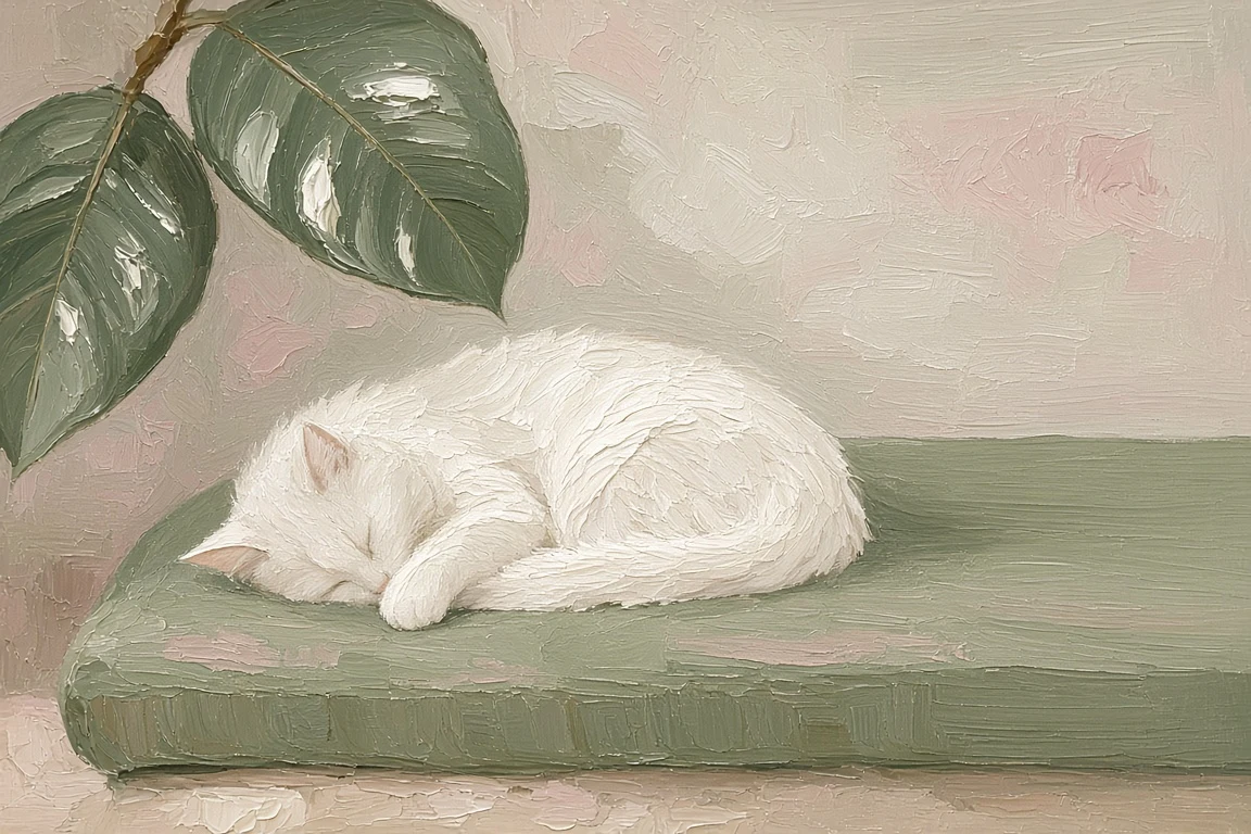 Matcha Chaise Lounge with Sleeping Cat and Ficus Rubber Leaf