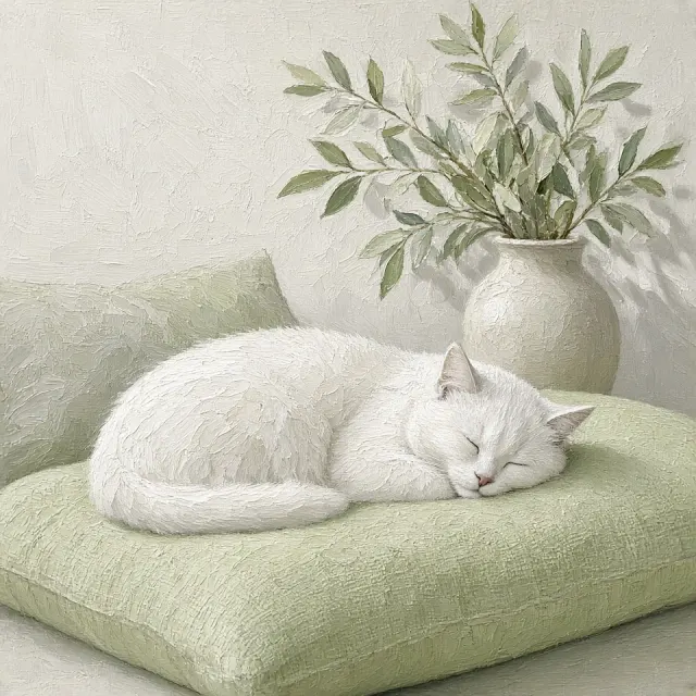 Honeydew Linen Daybed with Cat and Slender Olive Branches