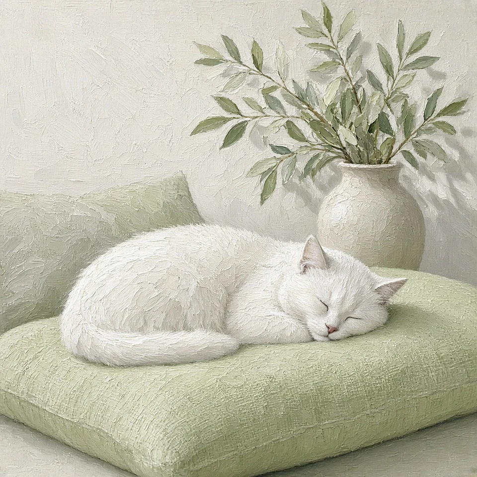 Honeydew Linen Daybed with Cat and Slender Olive Branches