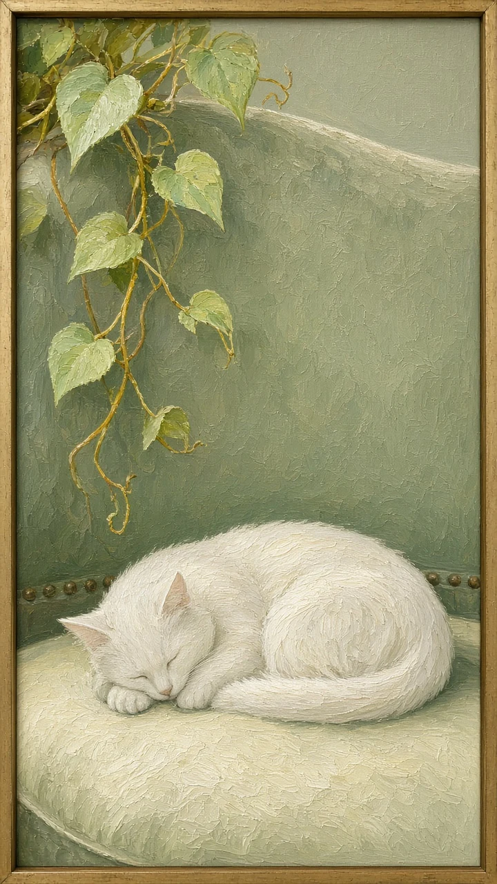 Avocado Velvet Couch with Curled Cat and Golden Pothos Vine