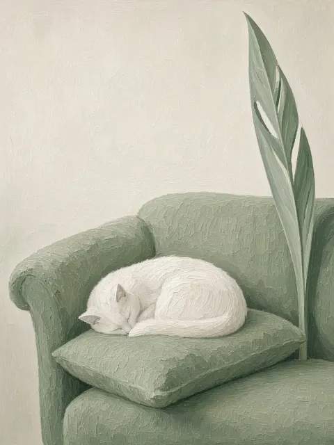 Desaturated Sage Settee with Cat and Cast-Iron Plant Frond