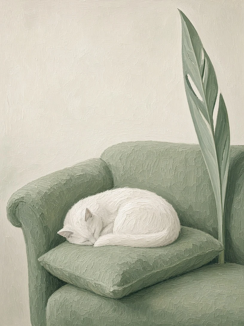 Desaturated Sage Settee with Cat and Cast-Iron Plant Frond